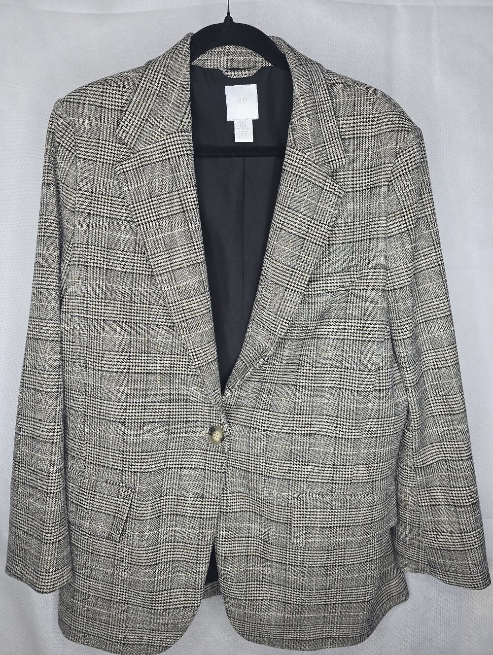 H&M Blazer Tan Black Plaid Single Button Boyfriend Oversized Preppy Office M